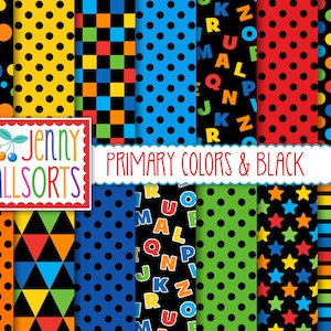 Colores primarios en paquete de papel digital negro: diseños gráficos sin costuras, rojo brillante naranja amarillo azul verde, letras rayas puntos triángulos