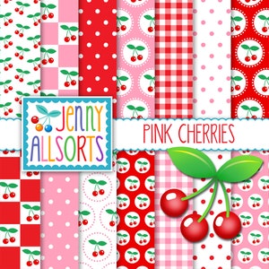 Pink Cherry Digital Paper + Cherries Clipart, cute printable digital cherries design patterns, digital scrapbook backgrounds, cute papers