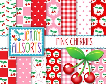 Pink Cherry Digital Paper + Kirschen Clipart, niedliche Kirschen Design Patterns, digitale Hintergründe für Scrapbooking, süsse Papiere