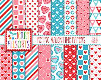 May include: A set of 12 digital papers featuring retro Valentine's Day patterns. The patterns include hearts, polka dots, stripes, and checkered designs in red, pink, blue, and white. The papers are 12 inches by 12 inches and 300 DPI.