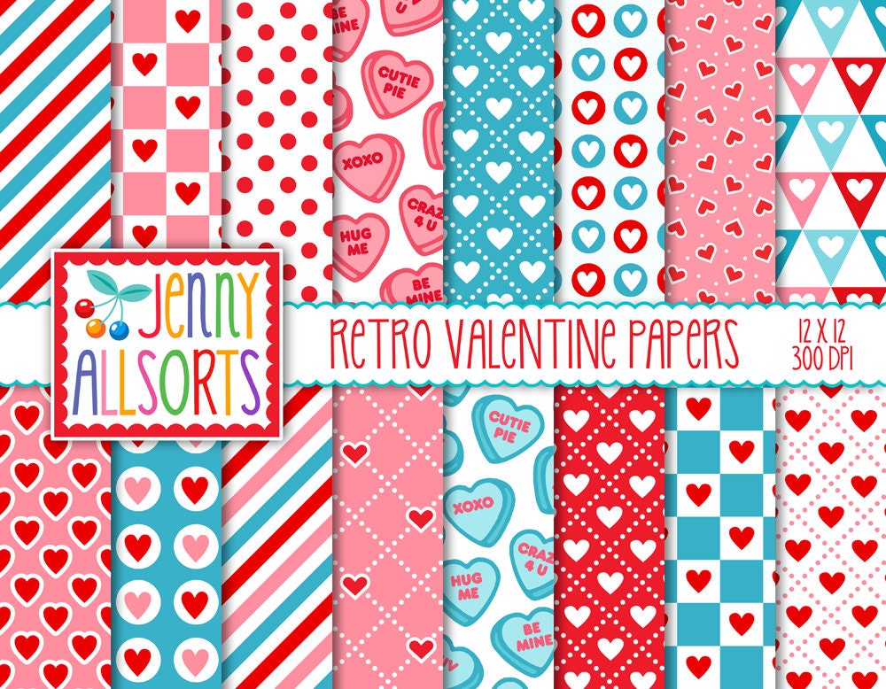 Retro Valentine Digital Paper - Printable Retro Valentine Pattern, Fun ...