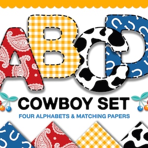 Conjunto combinado de vaqueros: cuatro alfabetos digitales + papeles a juego para sublimación y diseño, fondos digitales con temática del oeste, letras prediseñadas