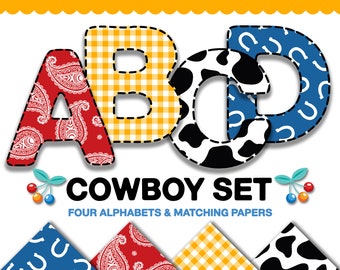 Cowboy Combo Set - Four Digital Alphabets + Matching Papers for Sublimation & Design, Western Theme Digital Backgrounds, clipart letters