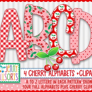 Cherry Pink 4-Alphabet bundle for sublimation & design, cute cherry theme alpha, cherries clip art, scrapbook doodle letters, cherry clipart