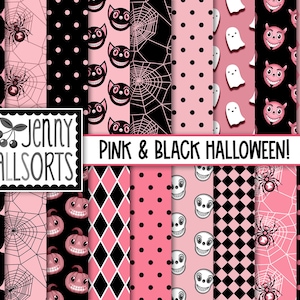Pink Halloween Digital Papers - graphic design Gothic Halloween patterns, retro skulls devils cats ghosts & spiders, digital backgrounds