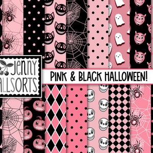 Pink Halloween Digital Papers - graphic design Gothic Halloween patterns, retro skulls devils cats ghosts & spiders, digital backgrounds