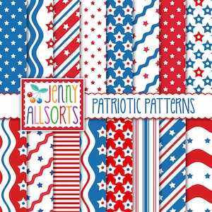 July 4th Patriotic Patterns Digital Paper Pack, American Red & White Blue, Independence Memorial Day Stars and Stripes Scrapbook Backgrounds