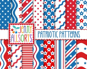 July 4th Patriotic Patterns Digital Paper Pack, American Red & White Blue, Independence Memorial Day Stars and Stripes Scrapbook Backgrounds