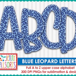 Alfabeto de leopardo azul para sublimación y diseño, diseño digital de 10" con estampado animal, clip art de álbum de recortes de guepardo, letras de leopardo garabateadas