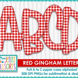 Alfabeto digital de cuadros vichy rojos para sublimación y diseño, clipart de letras digitales de 10", clip art de álbum de recortes de cuadros vichy, letras garabateadas de cuadros vichy rojos