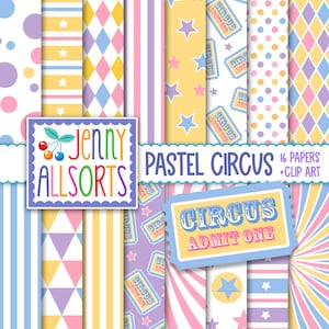 Pastel Circus Digital Paper & Clipart - druckbare Grafikdesign-Muster für Babypartyeinladungen, Kartengestaltung, digitale Scrapbooks, Kinderzimmer