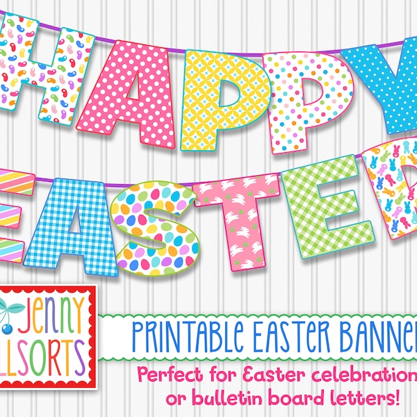 Happy Easter Printable Banner -  Digital Easter Sign, cute Easter patterns Party Decor, DIY Easter Decoration, Easter bulletin board letters
