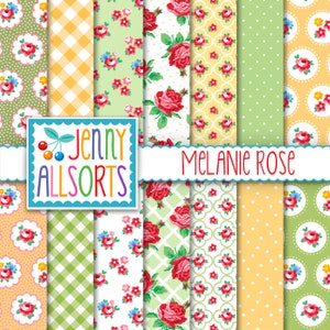 Shabby Chic Digital Paper Melanie Rose - Pink, Yellow and Green - for invites, card making, digital scrapbooking
