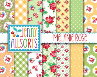 Shabby Chic Digital Paper Melanie Rose - Pink, Yellow and Green - for invites, card making, digital scrapbooking