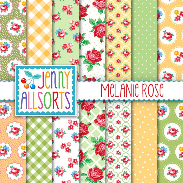 Shabby Chic Digital Paper Melanie Rose - Pink, Yellow and Green - for invites, card making, digital scrapbooking