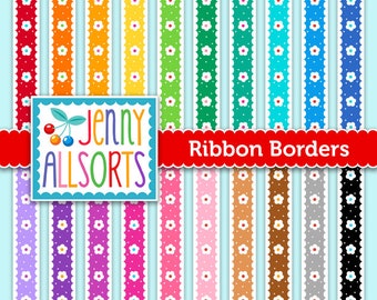 Flower Dot Digital Ribbon Scrapbook Borders Scallop Edge - 20 rainbow colors, simple floral digital ribbons, cute colorful digital borders