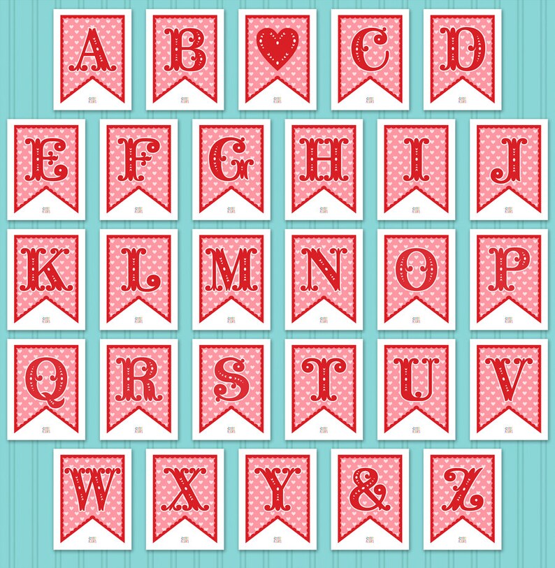 May include: A set of printable alphabet letter banners with a red heart pattern. Each letter is in a red font with a white outline. The banners are perfect for a Valentine's Day party or any other celebration.