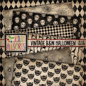 Vintage Halloween Digital Design Paper - Black & White Patterns, Retro ...