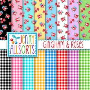 Gingham & Roses Digital Paper - alte Papiere mit Rosen und Vichy Karo Muster, digitale Hintergründe, Vintage Bauernhaus Papiere