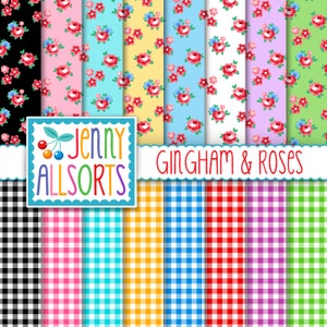 Gingham & Roses Digital Paper - cottage rose papers matching gingham patterns, digital backgrounds, vintage farmhouse digital paper designs