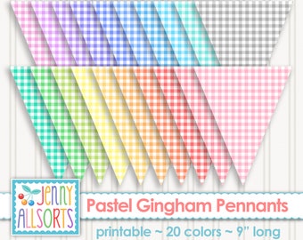 Pastel Gingham Pennants - Printable Digital Gingham Banner, Baby Shower Party Decor, Pastel Gingham Pennant Flags, Nursery Decor Bunting