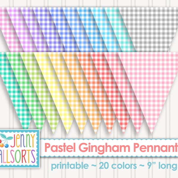 Pastel Gingham Pennants - Printable Digital Gingham Banner, Baby Shower Party Decor, Pastel Gingham Pennant Flags, Nursery Decor Bunting