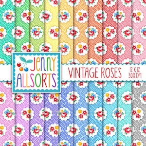 Sweet Shabby Roses Digital Paper - Vintage Feed Sack Pattern Roses in scallops, cute printable paper, digital background & scrapbook design