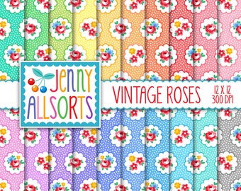 Sweet Shabby Roses Digital Paper - Vintage Feed Sack Pattern Roses in scallops, cute printable paper, digital background & scrapbook design