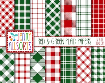 May include: A collection of red and green plaid papers in various patterns. The papers include gingham, diamond, and traditional plaid designs. The text "Jenny Allsorts" is displayed in a colorful font, along with "Red & Green Plaid Papers" and dimensions.