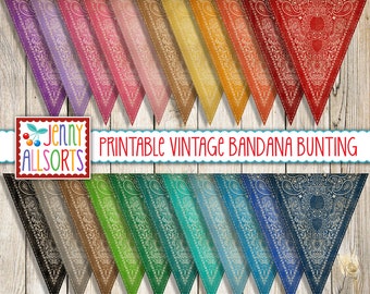 Printable Vintage Bandana Pennant Bunting - 22 colors vintage cowboy western garland, vintage paisley bandana banner, wild west party decor