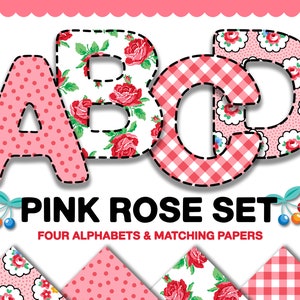Pink Rose Set - Four Digital Alphabets + Matching Papers for Sublimation & Design, Roses and Gingham Digital Backgrounds, clipart letters