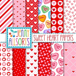 Sweet Heart Valentines Day Digital Papers in Red and Pink - Instant Download for Invites, Card Making & Scrapbooking