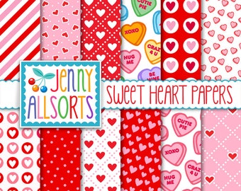 Sweet Heart Valentines Day Digital Papers in Red and Pink - Instant Download for Invites, Card Making & Scrapbooking