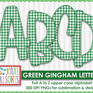Alfabeto digital guingão verde para sublimação e design, clipart de letras digitais de 10", clip art de scrapbook guingão, alfa de rabisco guingão verde