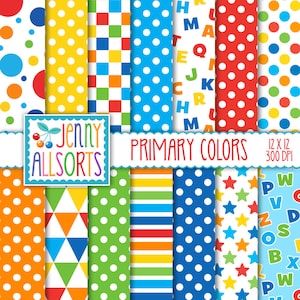 Paquete de papel digital de colores primarios: 14 diseños gráficos imprimibles, rojo, naranja, amarillo, azul, verde, letras, rayas, puntos, triángulos, colores brillantes