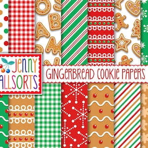 Gingerbread Digital Papers - Pacchetto di carta natalizia stampabile con biscotti di pan di zenzero, kit di pagine di scrapbooking digitali rosse e verdi, sfondi digitali