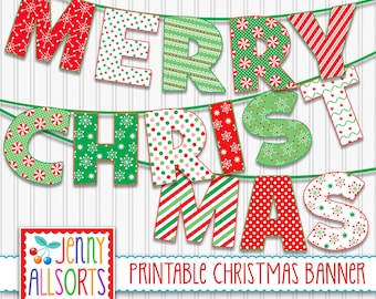 Merry Christmas Printable Banner -  Digital Christmas Sign, Holiday Patterns Party decor, DIY Christmas Decoration, Bulletin Board Letters