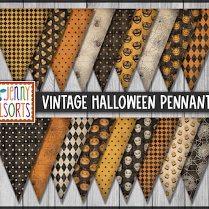 Vintage Halloween Pennant Bunting - printable Halloween pattern garland flags, party decor, faded worn classic colors spooky digital banner