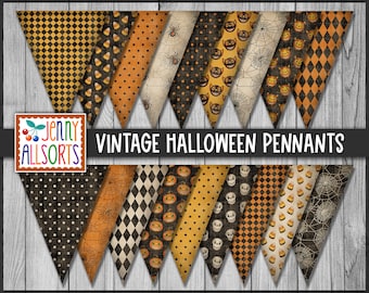 Vintage Halloween Pennant Bunting - printable Halloween pattern garland flags, party decor, faded worn classic colors spooky digital banner