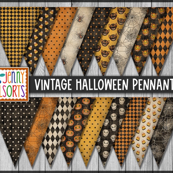 Vintage Halloween Pennant Bunting - printable Halloween pattern garland flags, party decor, faded worn classic colors spooky digital banner