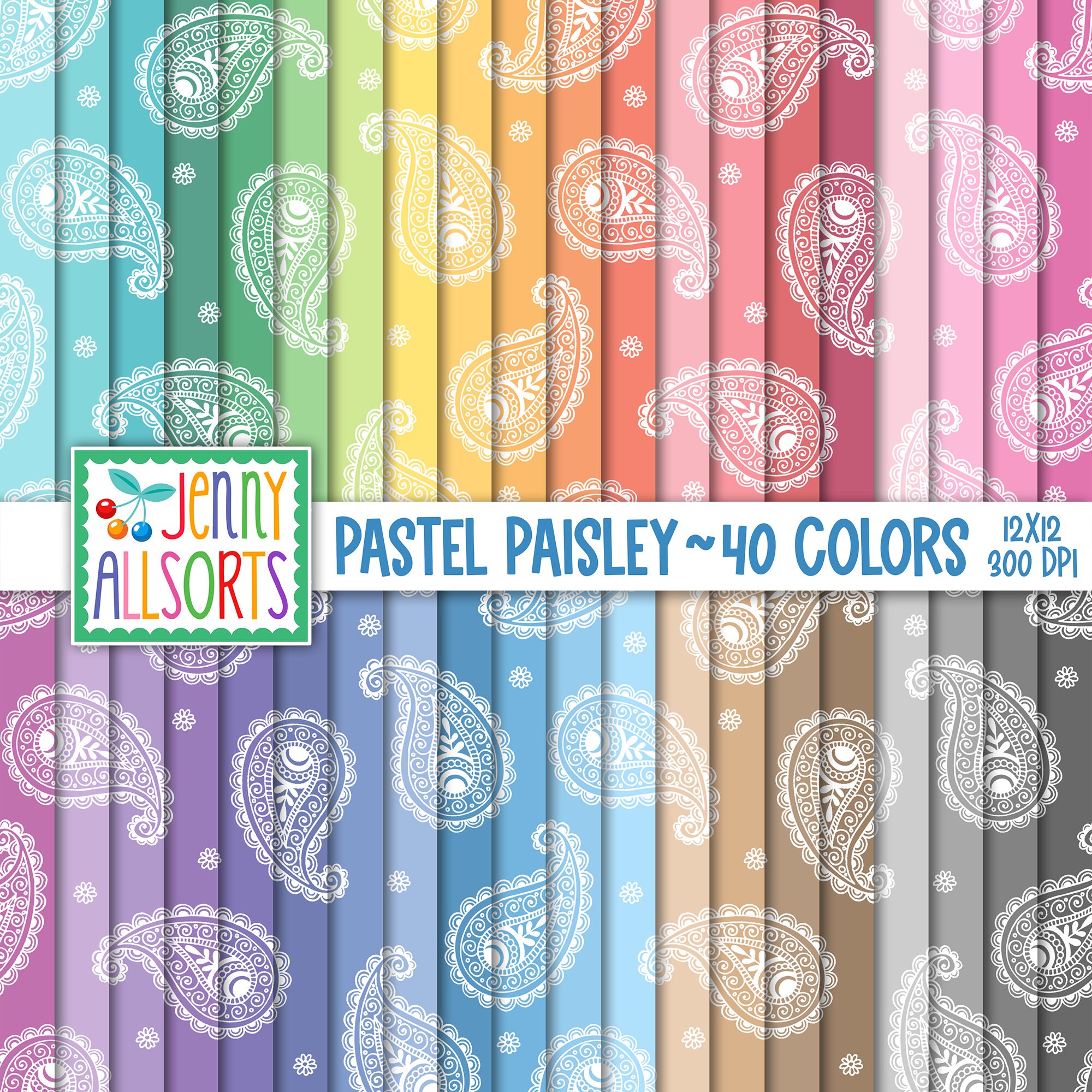 Pastel Paisley Digital Paper Pack - 40 Color Bundle, Instant Download ...