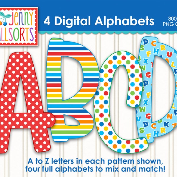 Ensemble d'alphabet de couleur primaire pour la sublimation et la conception, 4 alphabets numériques primaires, lettres de doodle arc-en-ciel, lettres numériques de retour à l'école