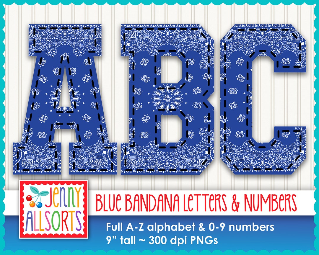 Blue Bandana Letters & Numbers for Sublimation or Design, Stitch