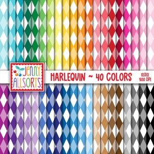 May include: A set of 40 digital paper patterns featuring a harlequin diamond design in various colors. The patterns are 12x12 inches and 300 DPI.