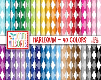 Harlequin Digital Papers in 40 vivid colors for scrapbooking & design, seamless diamond argyle patterns, harlequin digital background design
