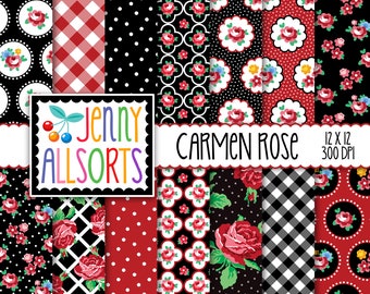 Shabby Chic Digital Paper Carmen Rose - romantic roses gothic red & black, for digital scrapbooking, graphic design, digital backgrounds