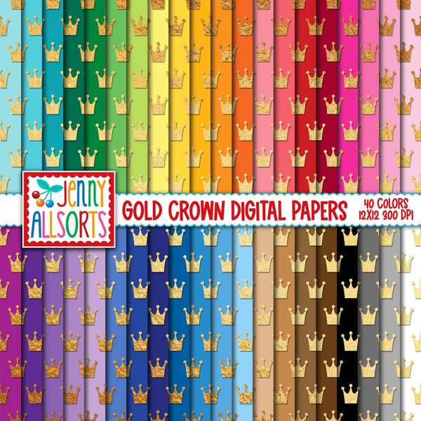 Gold Crown Digital Paper Pack - 40 Color Bundle, printable gold crown scrapbook paper, faux metallic crowns on color digital backgrounds