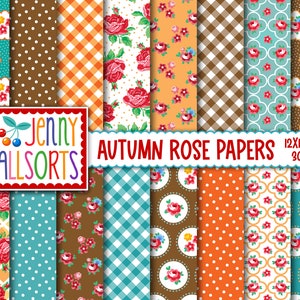Shabby Chic Digital Paper Autumn Rose - Fall color patterns in teal, orange, gold and brown, autumn digital backgrounds, Thanksgiving papers