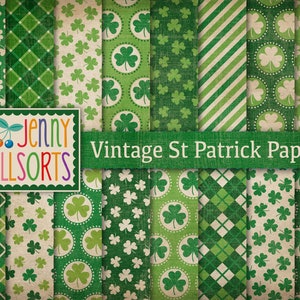 Vintage St Patricks Digitales Papier-Set, 16 irische Shamrock- & Tartan-Plaid-Muster in Grüntönen, verblasste, abgenutzte St. Patty-Hintergrund-Designs