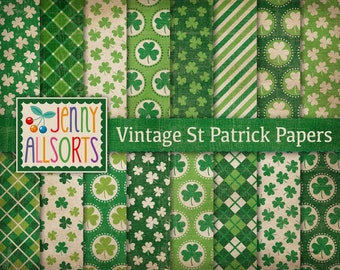 Vintage St Patricks Digital Paper Set, 16 Irish shamrock & tartan plaid patterns in shades of green, faded worn St Patty background designs